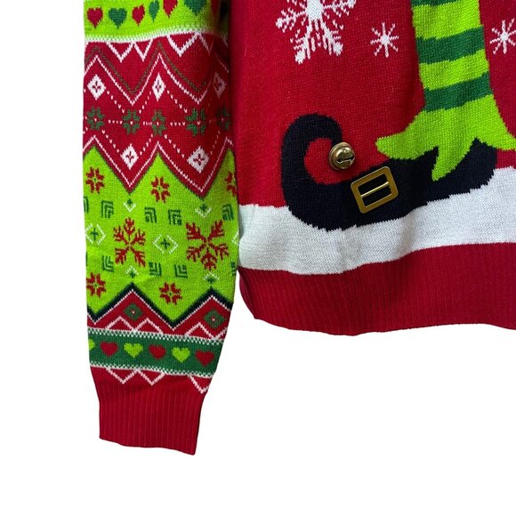 Off The Rack Mens Red & Green Acrylic Ugly Christmas Elf Sweater W/ Bells Sz M - Picture 5 of 8